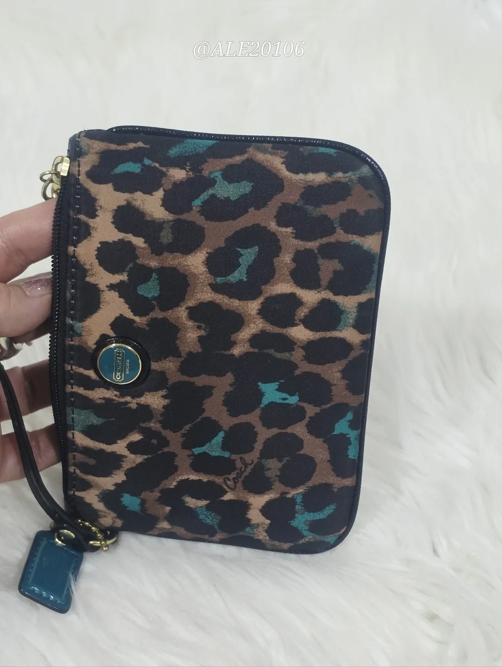 Coach Leopard Print Wristlet Zip Pouch Brown Teal Small Bag